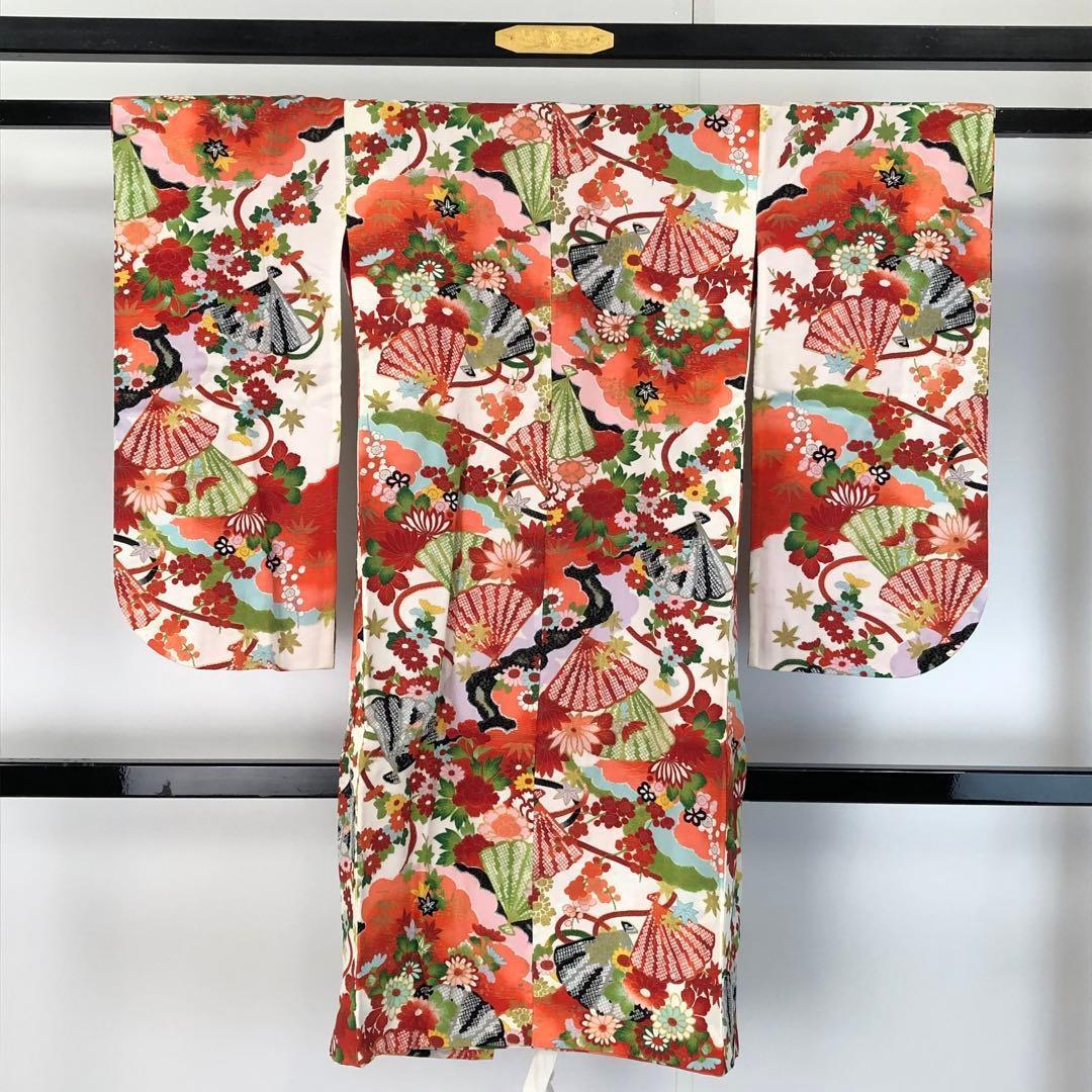 子供着物 七五三 3歳 縮緬 扇子に鹿子模様 花模様 CK-7383