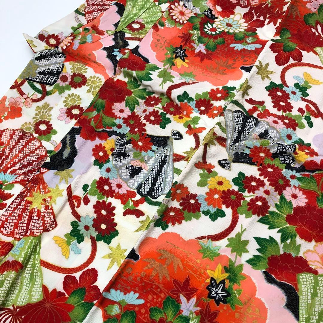 子供着物 七五三 3歳 縮緬 扇子に鹿子模様 花模様 CK-7383