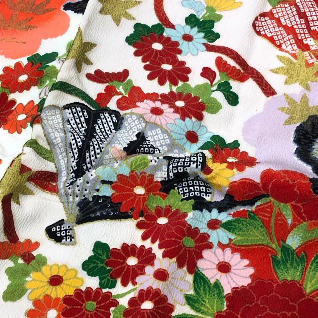 子供着物 七五三 3歳 縮緬 扇子に鹿子模様 花模様 CK-7383