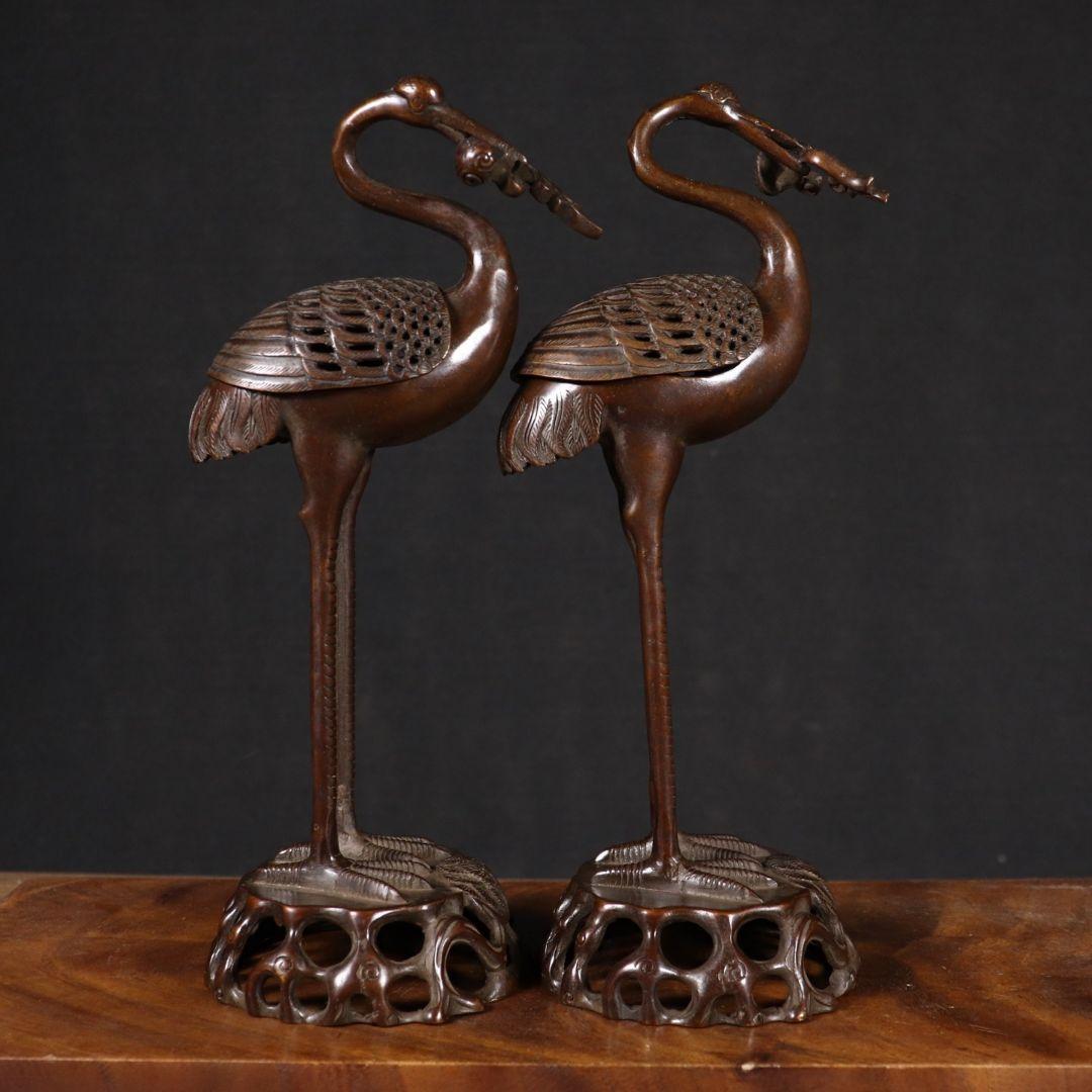 銅製 鶴香炉 室内 茶室 応接間 事務室 薫香炉 開運 風水 招財 置物工芸品