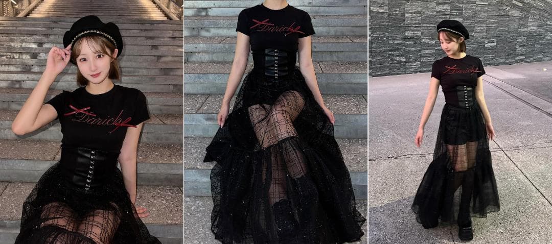 新品 ダーリッチ darich コルセットスパンコールチュールスカート BLK