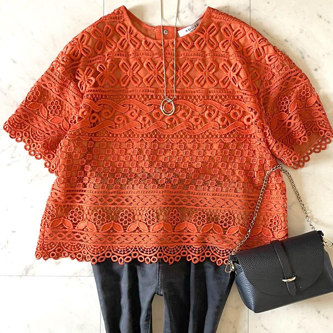 人気♪アドーア エンブロイダリーレースプルオーバー 38 オレンジ 半袖 刺繍