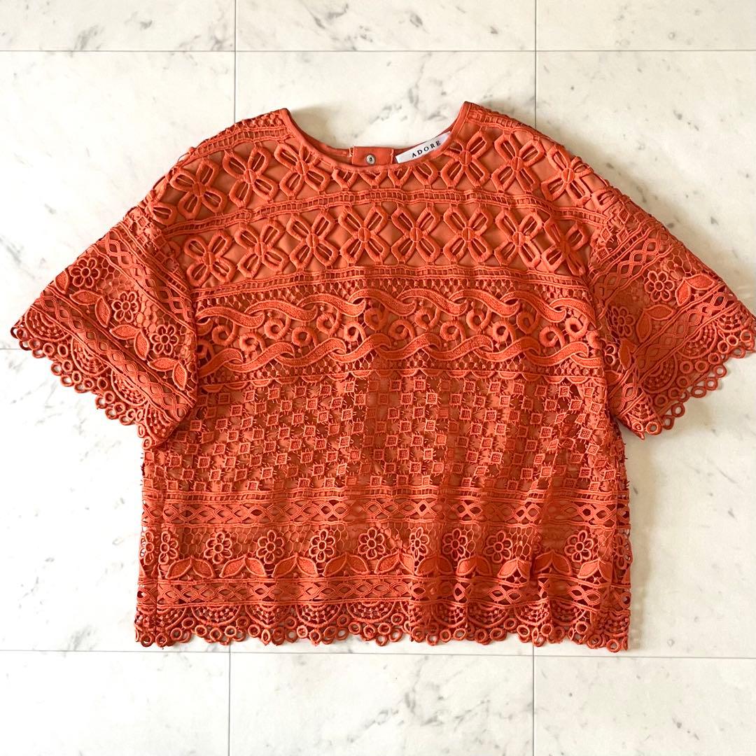 人気♪アドーア エンブロイダリーレースプルオーバー 38 オレンジ 半袖 刺繍