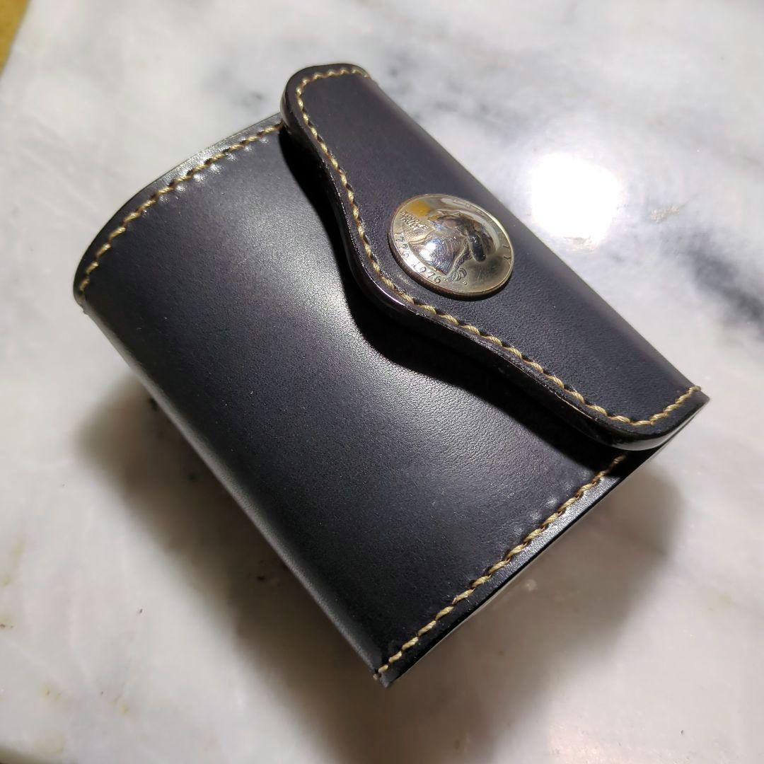姫路ヌメ革 U型ミニ財布 ハンドメイド 2つ折り財布 小さい財布 コンチョ 黒