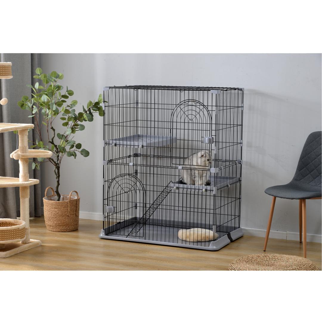 【グレー】猫 ケージ キャットケージ 2段 猫ゲージ 多段 脱走防止ペットケージ