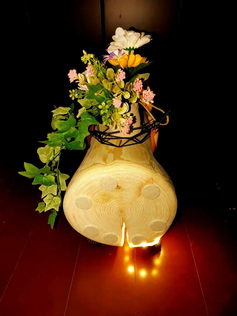 オリジナル照明LEDライト付 二段 本立てフラワースタンド ひのき 丸太 ベンチ