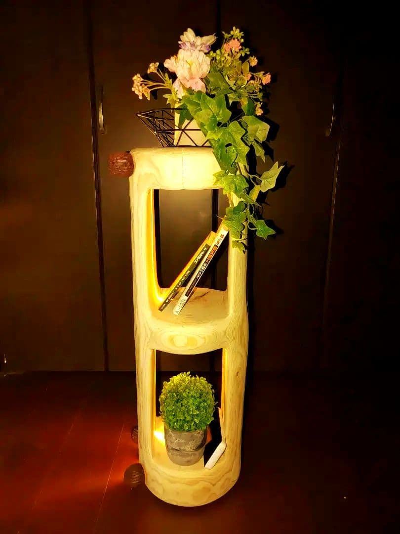 オリジナル照明LEDライト付 二段 本立てフラワースタンド ひのき 丸太 ベンチ