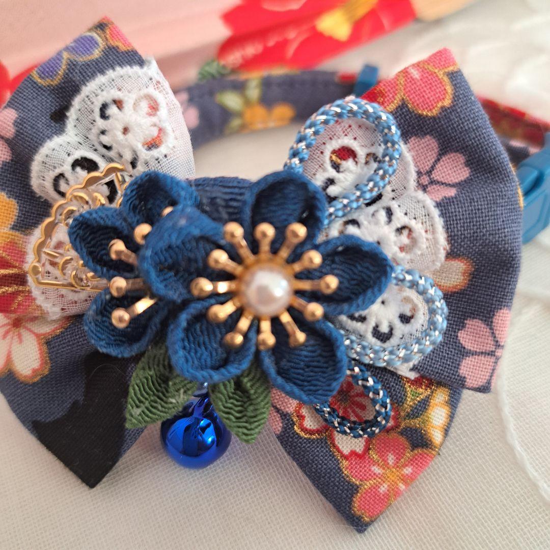お正月、つまみ細工リボン(青②)わんちゃん猫ちゃん用首輪