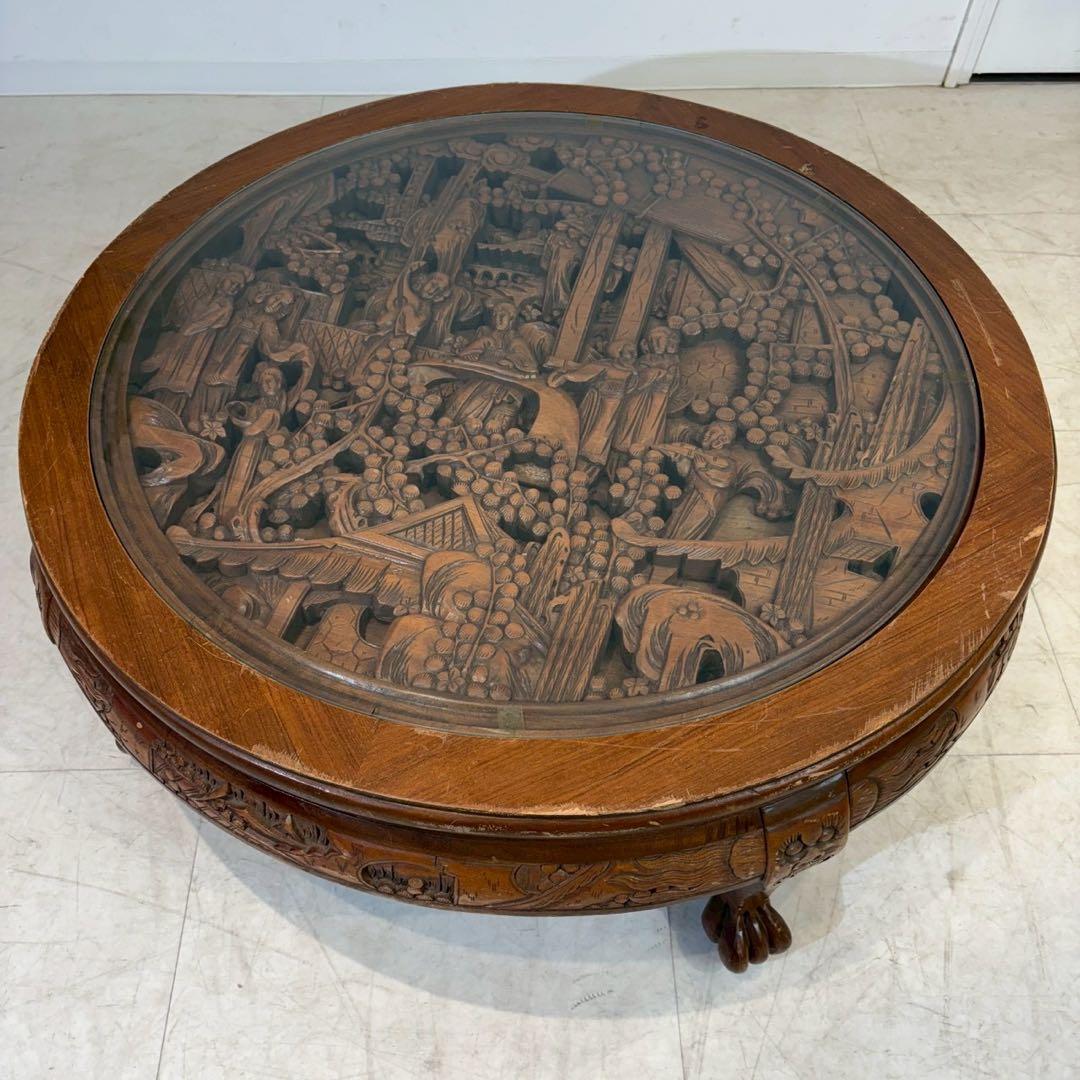 アンティーク彫刻家具 座卓 ちゃぶ台 猫脚 骨董　中国　ローテーブル