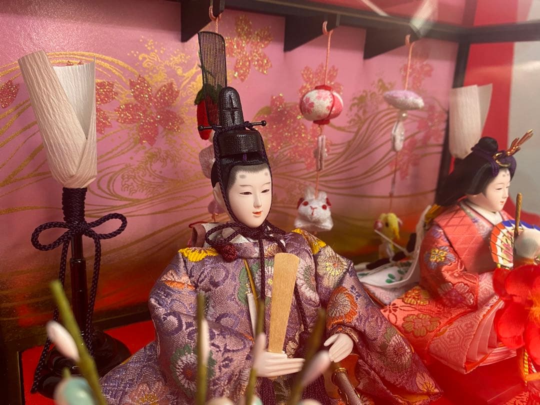 吊るし付き雛人形ガラスケース入り親王飾り・間口約３９×奥行約２７×高さ約２５㎝