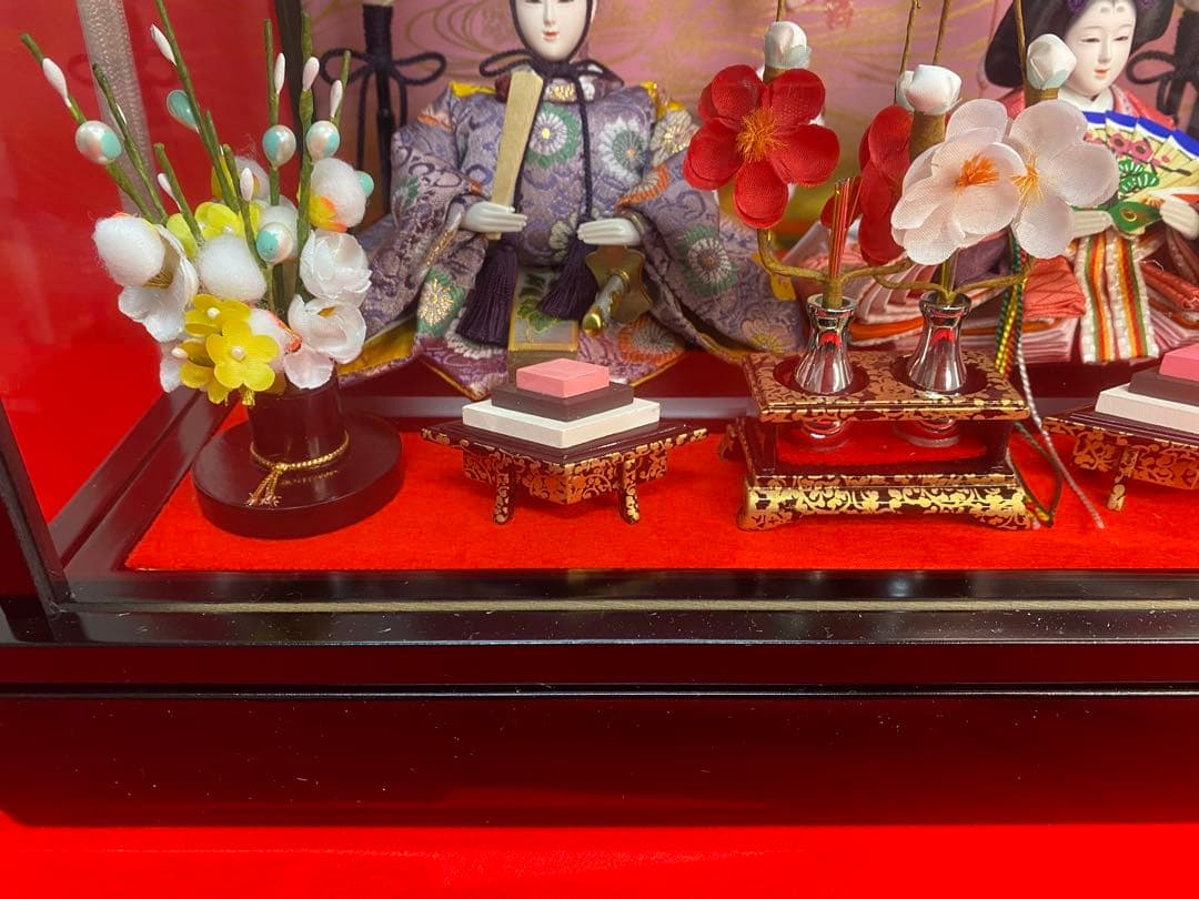 吊るし付き雛人形ガラスケース入り親王飾り・間口約３９×奥行約２７×高さ約２５㎝