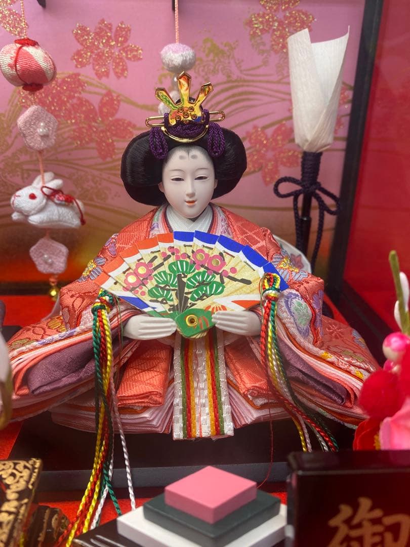 吊るし付き雛人形ガラスケース入り親王飾り・間口約３９×奥行約２７×高さ約２５㎝