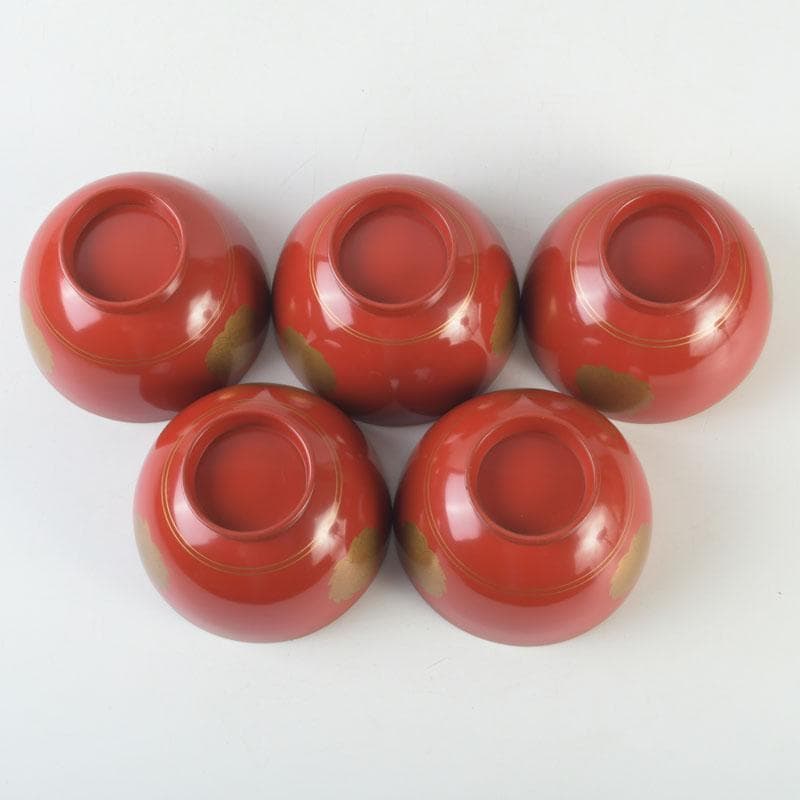 和食器　時代漆器　塗師　長野横笛作　金襴手花蒔絵　吸物椀　五客　共箱　C9788