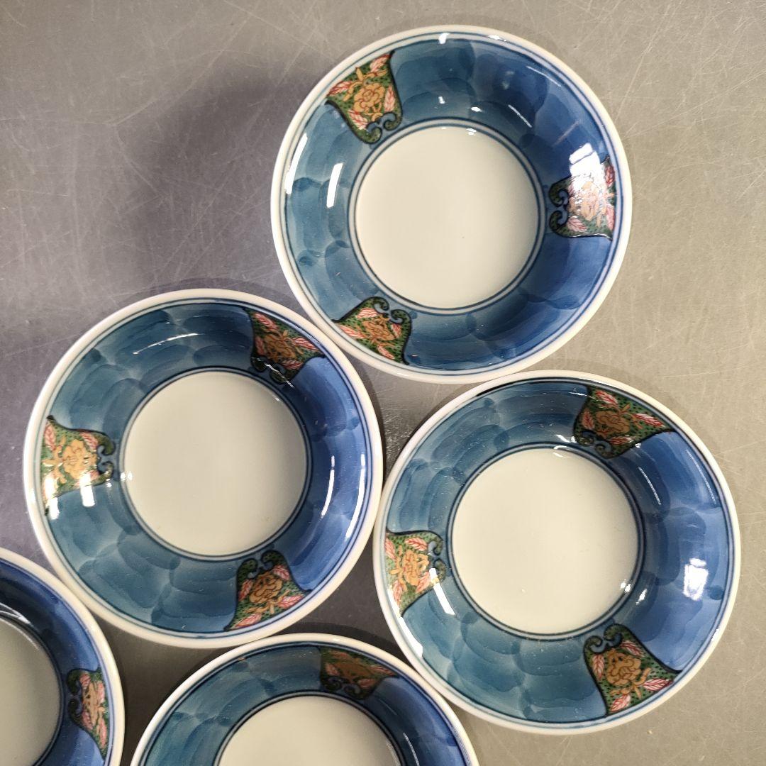 A1289-4/有田焼/源右衛門窯/染錦割地紋蓋碗5客/茶道具/懐石道具/