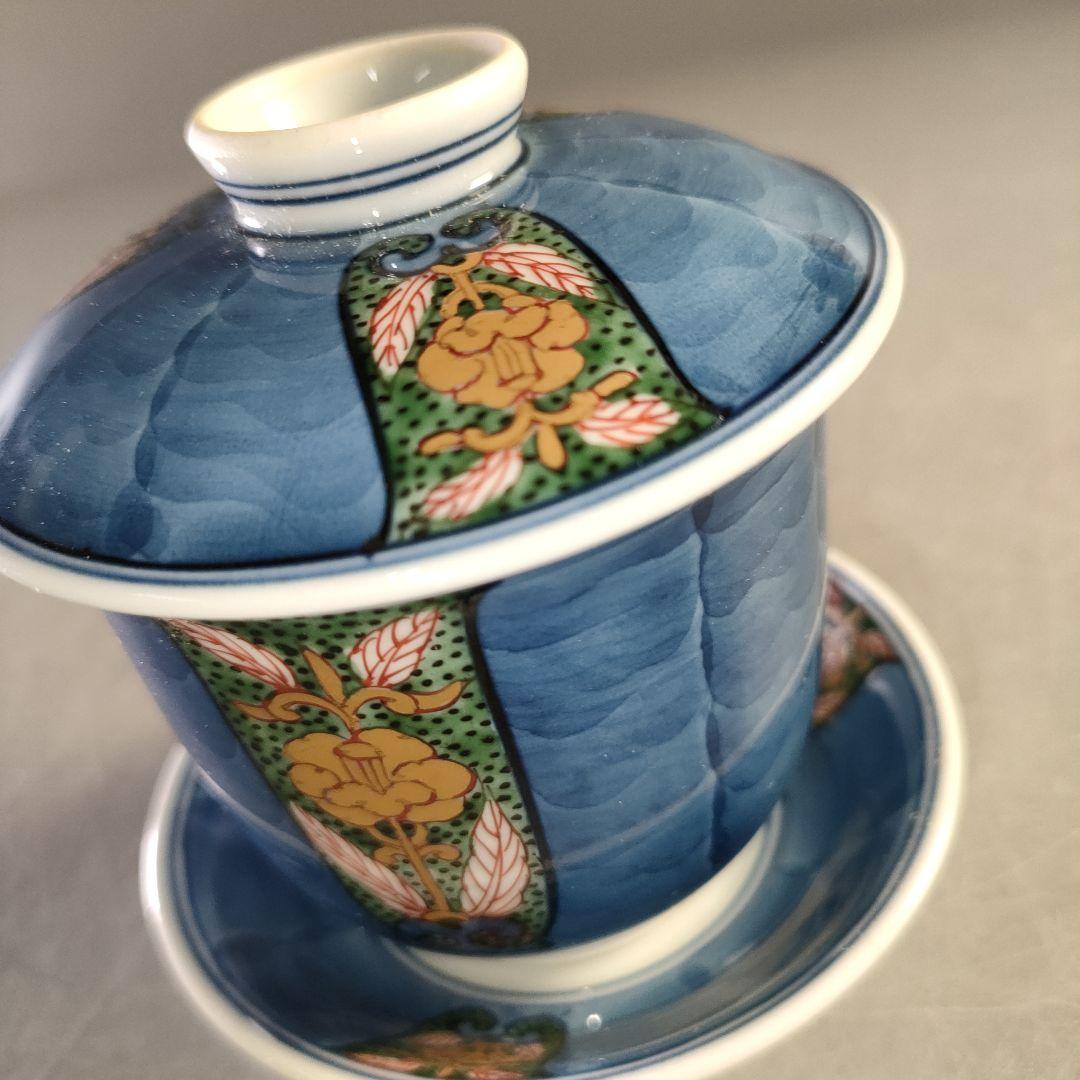 A1289-4/有田焼/源右衛門窯/染錦割地紋蓋碗5客/茶道具/懐石道具/