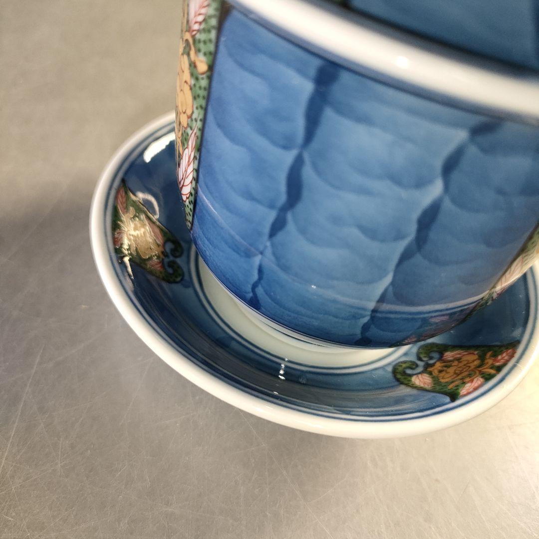 A1289-4/有田焼/源右衛門窯/染錦割地紋蓋碗5客/茶道具/懐石道具/