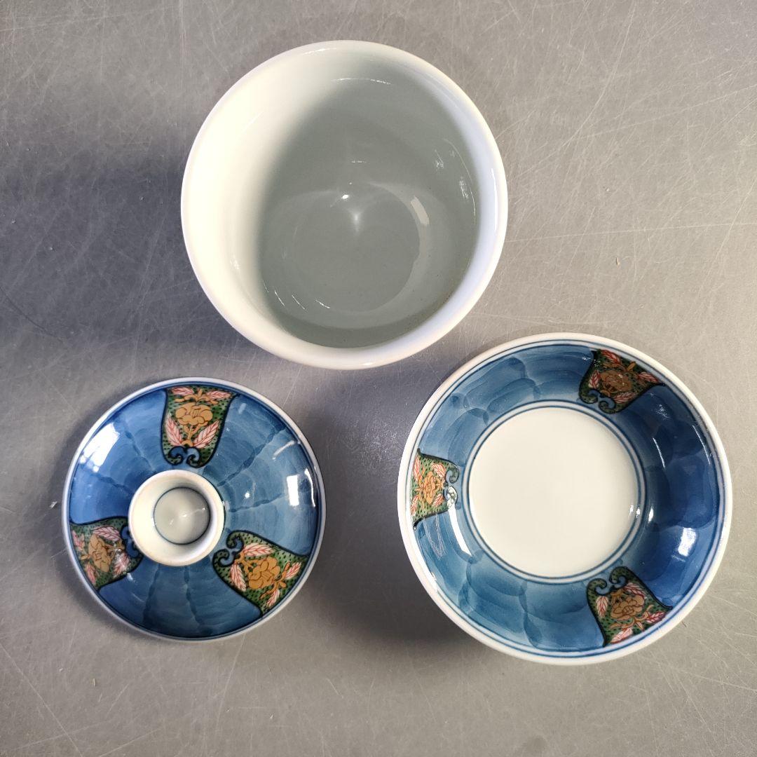 A1289-4/有田焼/源右衛門窯/染錦割地紋蓋碗5客/茶道具/懐石道具/