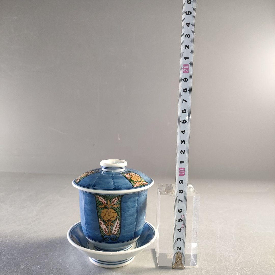 A1289-4/有田焼/源右衛門窯/染錦割地紋蓋碗5客/茶道具/懐石道具/