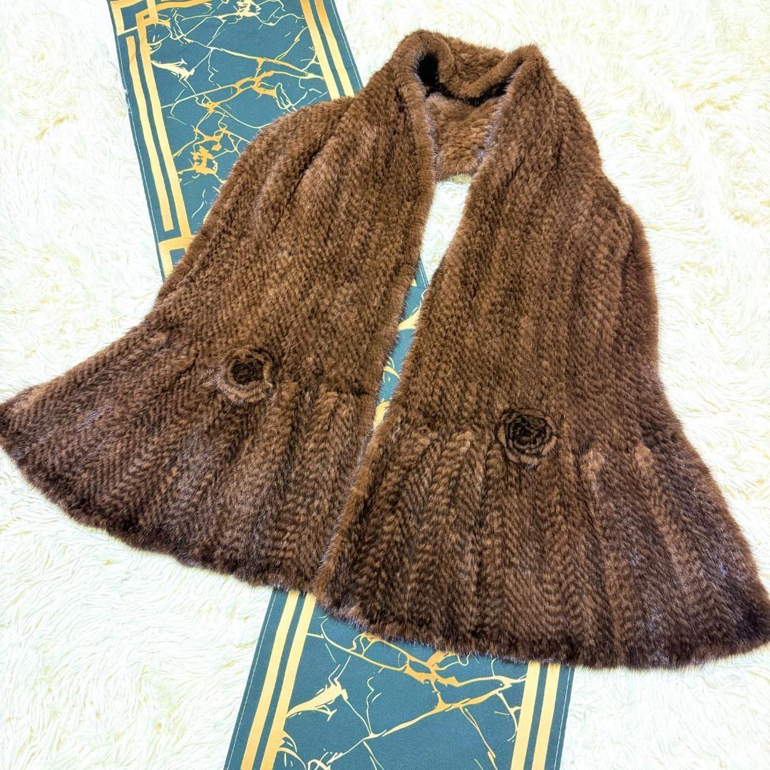 ミンク ショール ストール ブラウン デミバフミンク 軽量 バラモチーフ