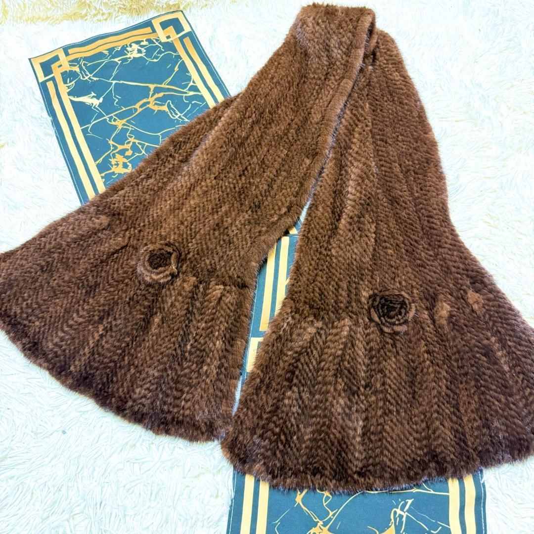 ミンク ショール ストール ブラウン デミバフミンク 軽量 バラモチーフ
