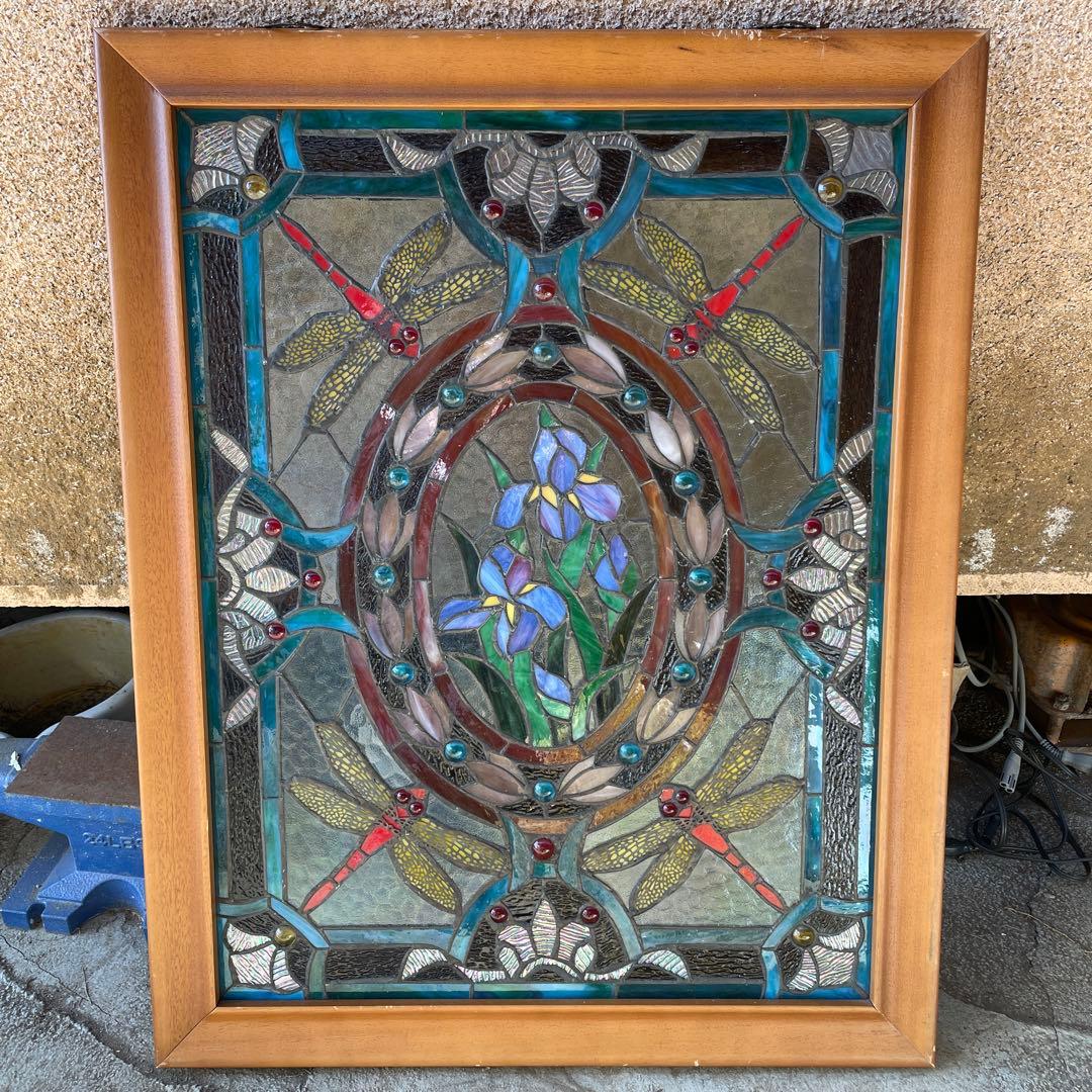 ハ*8様 ステンドグラス パネル 花とトンボ 約72×57cm 壁掛け オブジェ