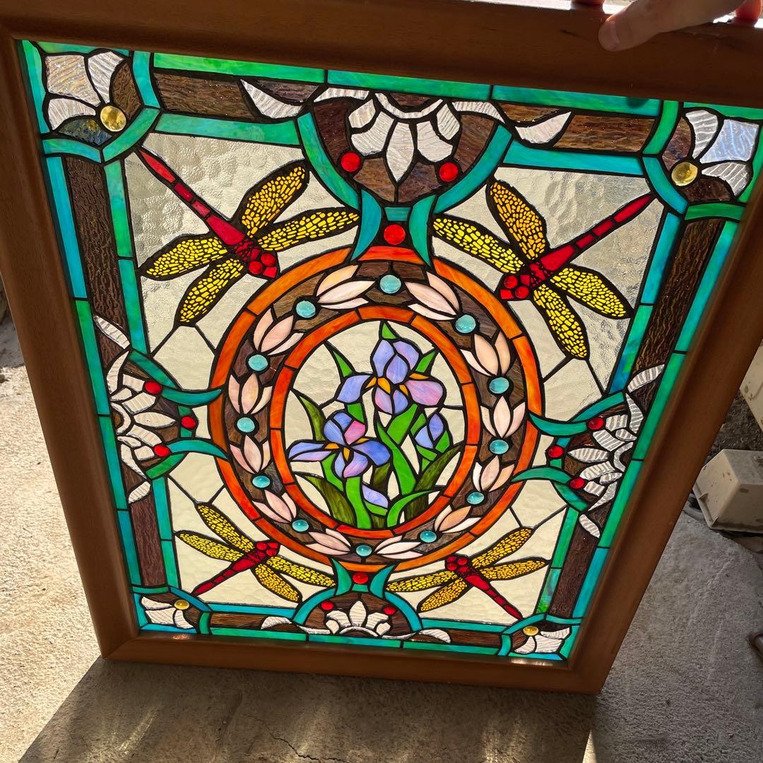 ハ*8様 ステンドグラス パネル 花とトンボ 約72×57cm 壁掛け オブジェ