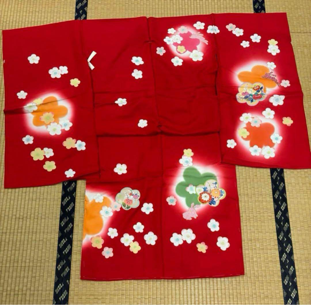 七五三　四ツ身女の子着物　正絹　仮絵羽　友禅　鮮やか赤　梅　可愛いうさぎ柄