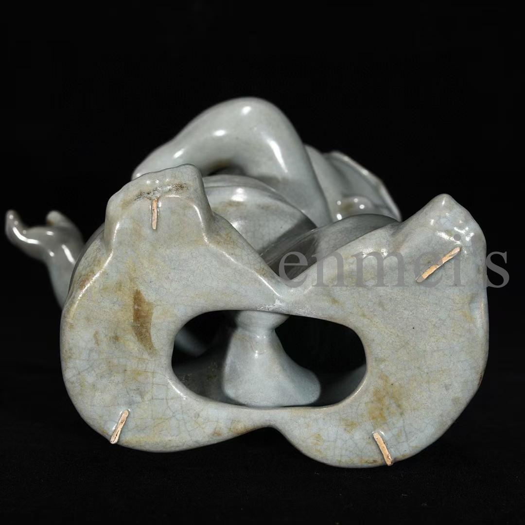 中国古美術・宋汝窯風 淡青釉 童子人形 3体セット・陶器製・文房置物・賞物