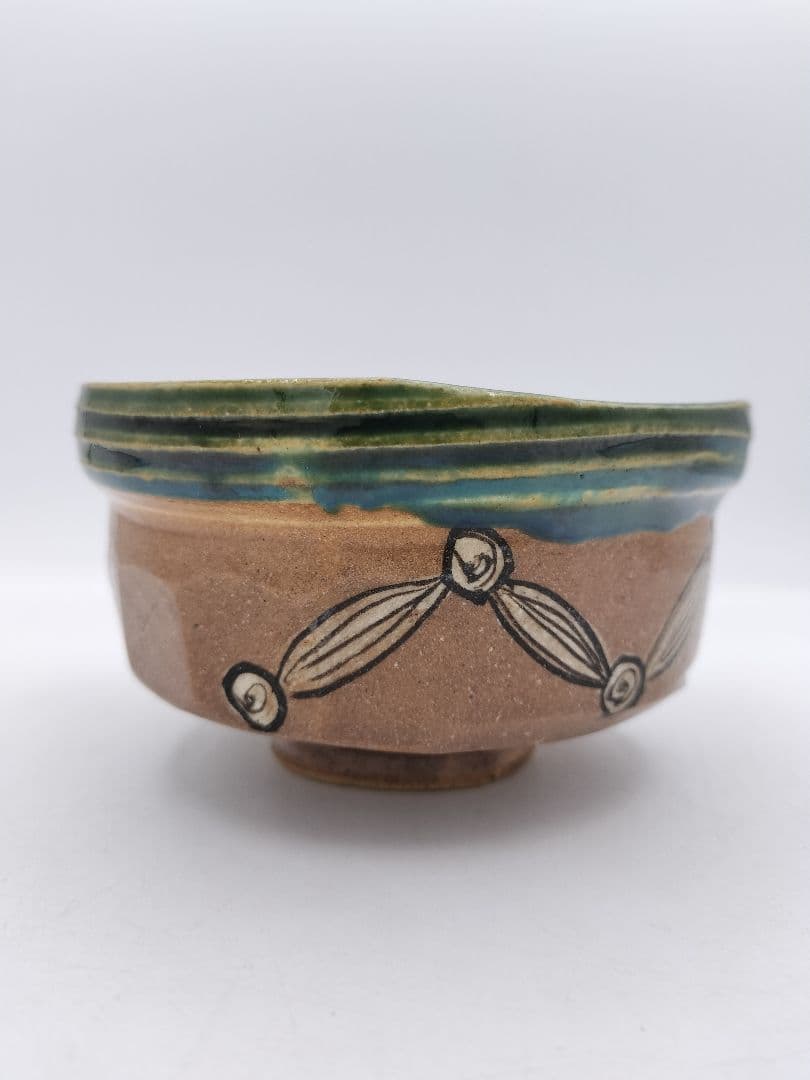 c010茶碗 赤織部 忍冬庵 不二窯 佐藤和子 木箱 茶道具　古物