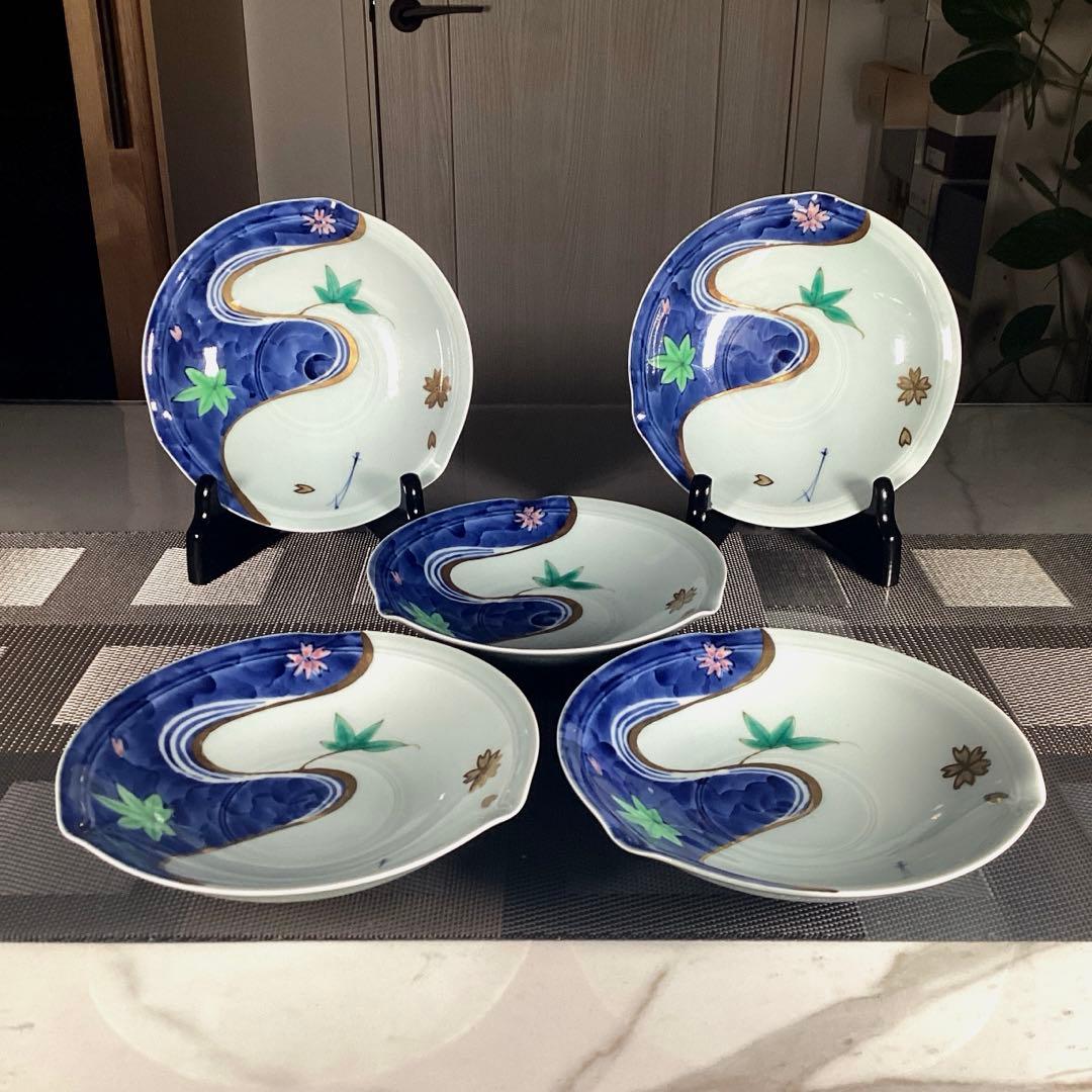 『未使用•金彩変色』　有田焼　幸祥　『春秋』　中皿　深皿　5枚