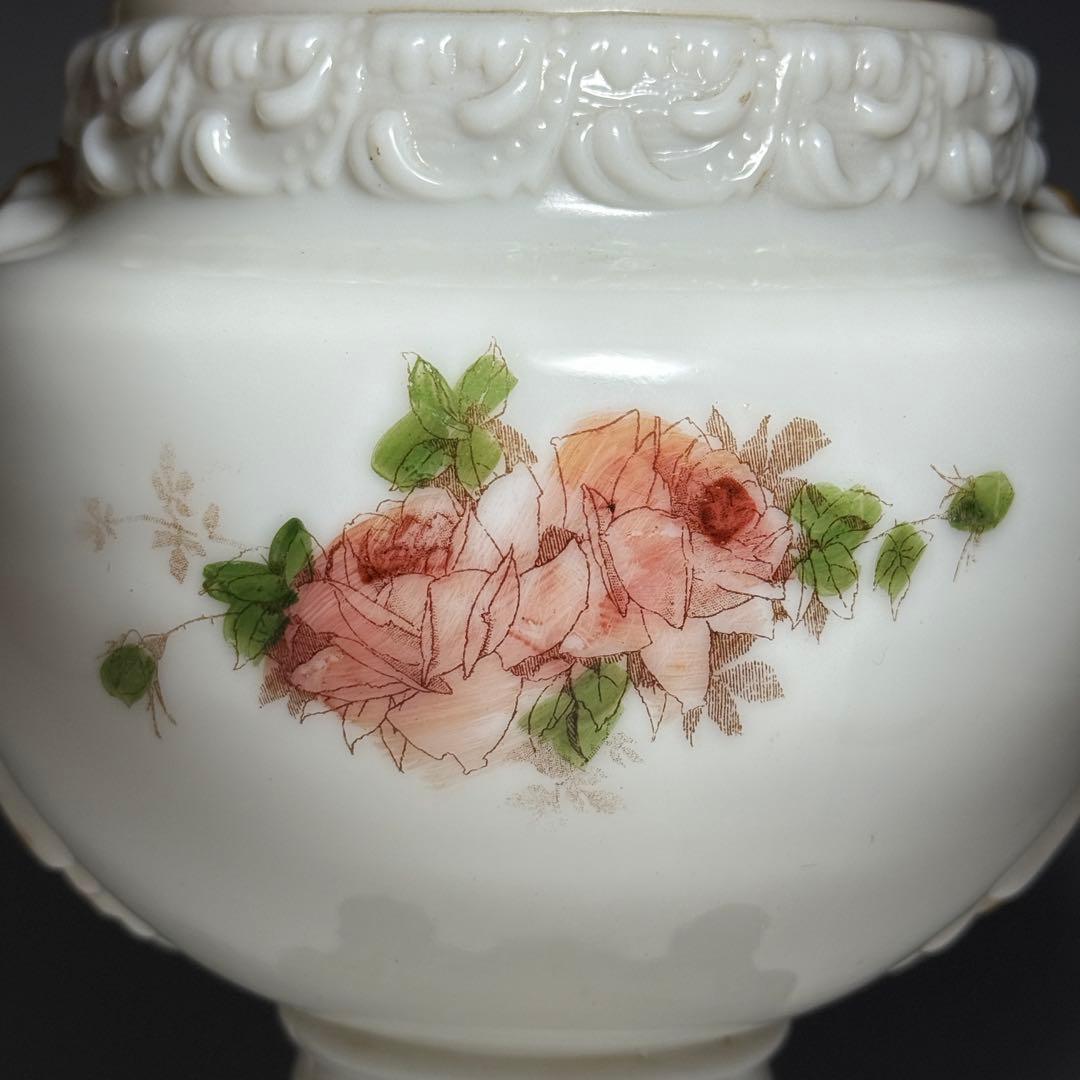 ◆希少 置きランプ 雷文擦り硝子火屋 ガラス絵乳白硝子オイル壺 明治時代◆