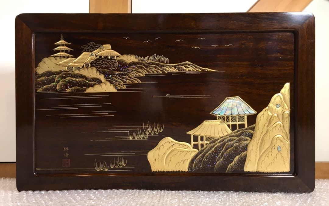 【勝峰作】花台 飾り台 螺鈿細工 金彩蒔絵 机 ガラス付属 ①