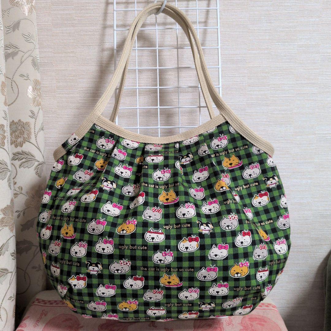 春幸秋様　チェック猫ちゃん　Lサイズ グラニーバッグ　ハンドメイド