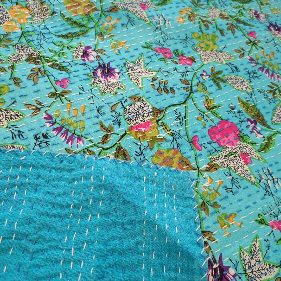 150❁︎ボタニカル 手作り カンタキルト マルチカバー 花 ターコイズ