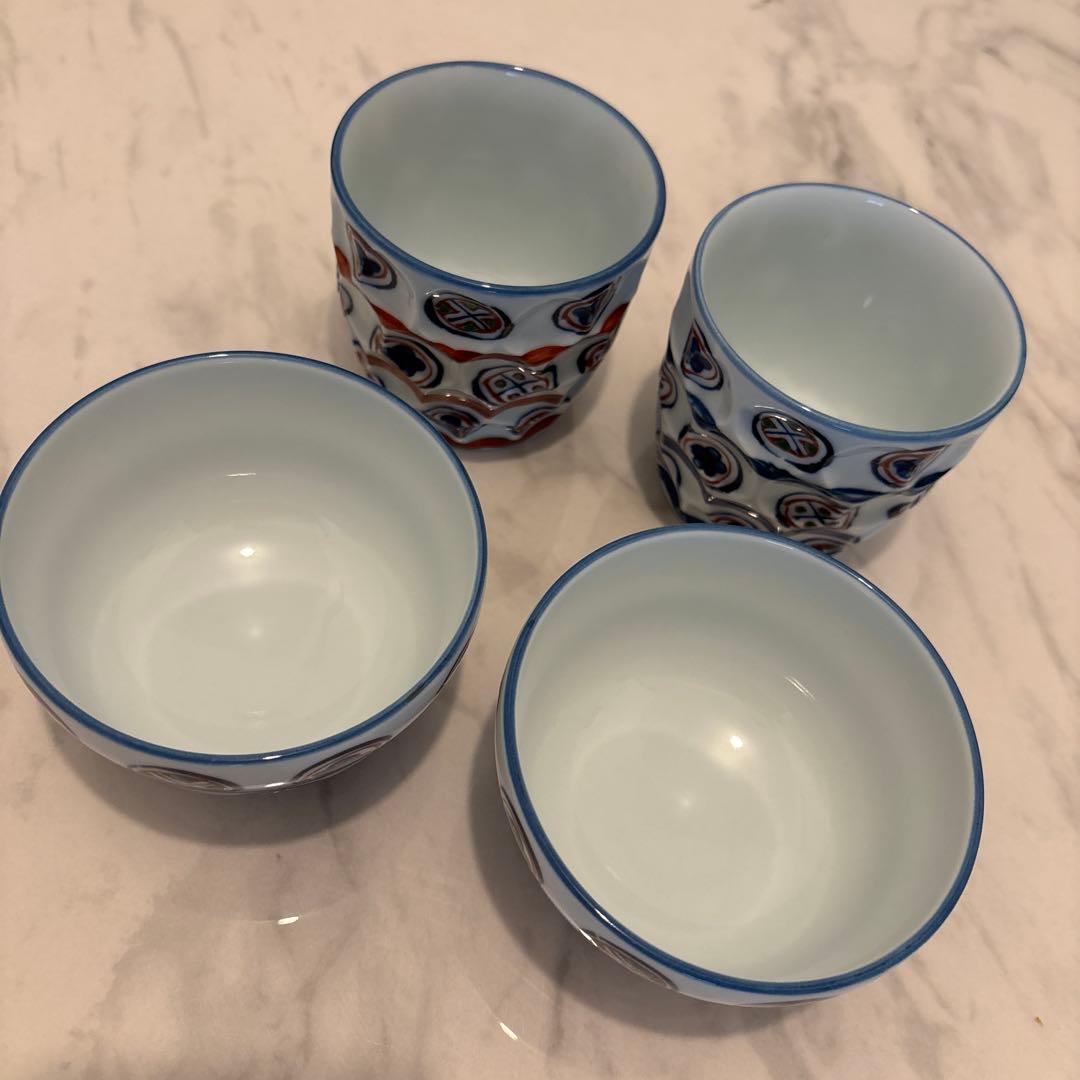 源右衛門 赤絵丸紋割 染錦丸紋割 飯碗 湯呑み 4点