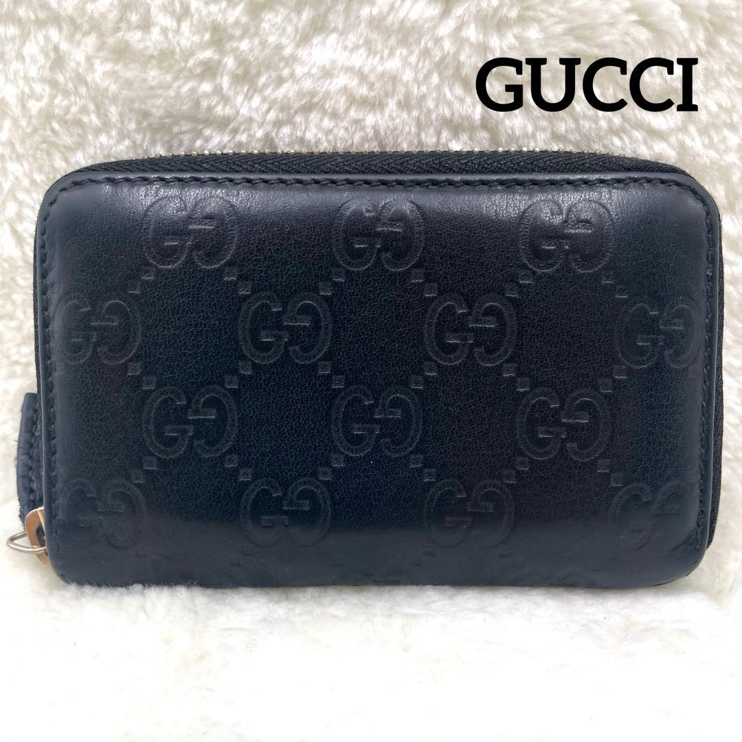 美品　GUCCI ラウンドファスナー　シマ　　ケース　レザー　ブラック