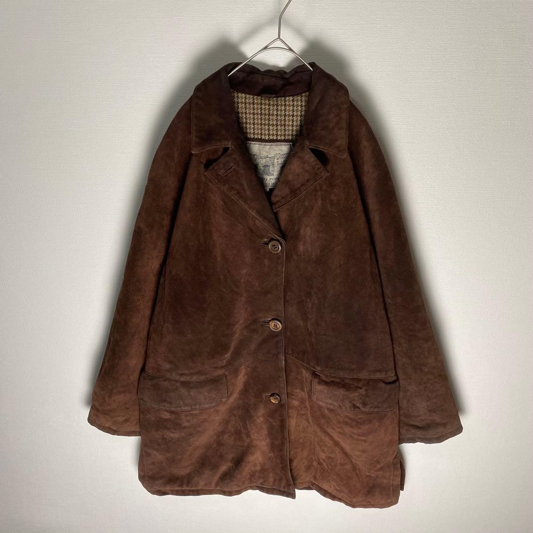 イタリア製 本革 スエード レザーカーコート 裏地総柄 ブラウン M