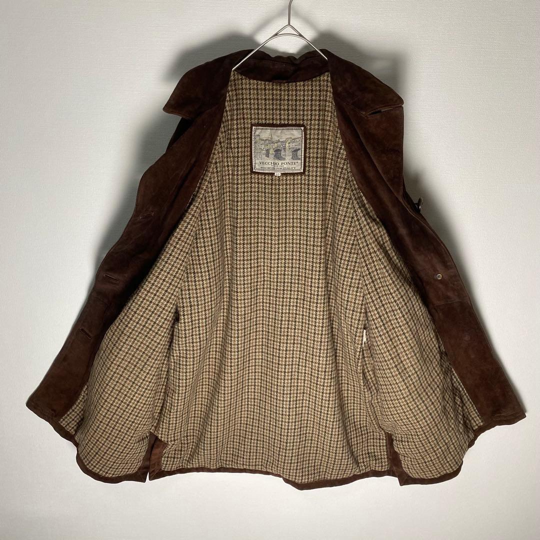 イタリア製 本革 スエード レザーカーコート 裏地総柄 ブラウン M