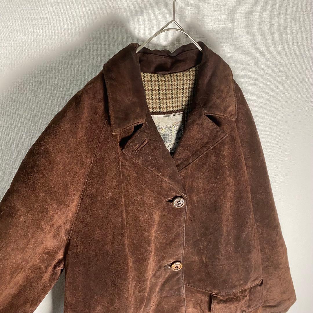 イタリア製 本革 スエード レザーカーコート 裏地総柄 ブラウン M