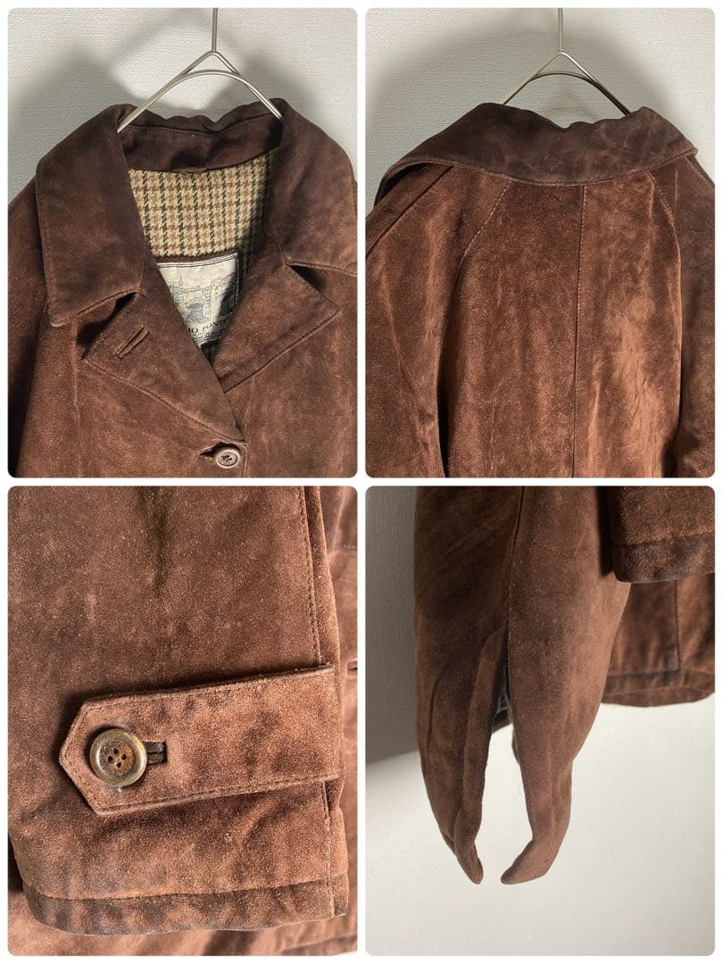 イタリア製 本革 スエード レザーカーコート 裏地総柄 ブラウン M