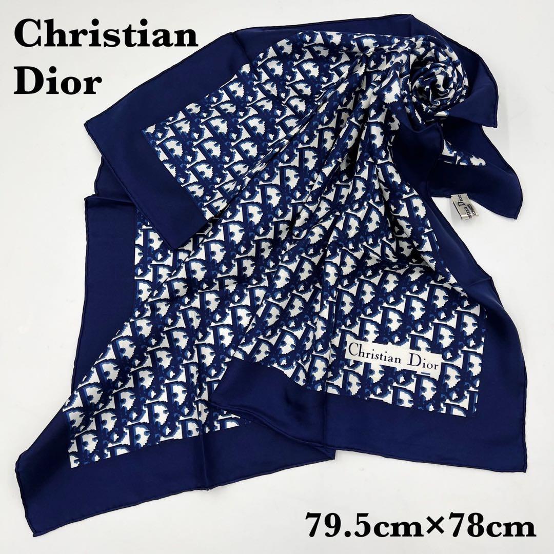 クリスチャンディオール　スカーフ　大判　ロゴ　シルク　トロッター　ネイビー
