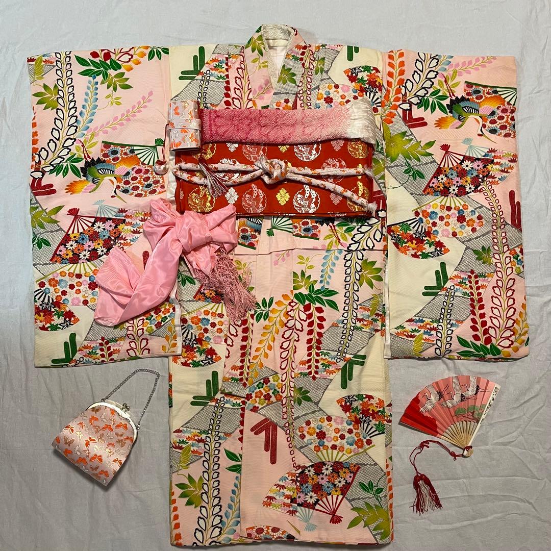 七五三　7歳　アンティーク　白　ピンク　大正ロマン　正絹