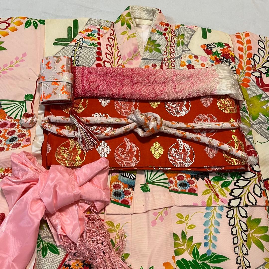 七五三　7歳　アンティーク　白　ピンク　大正ロマン　正絹