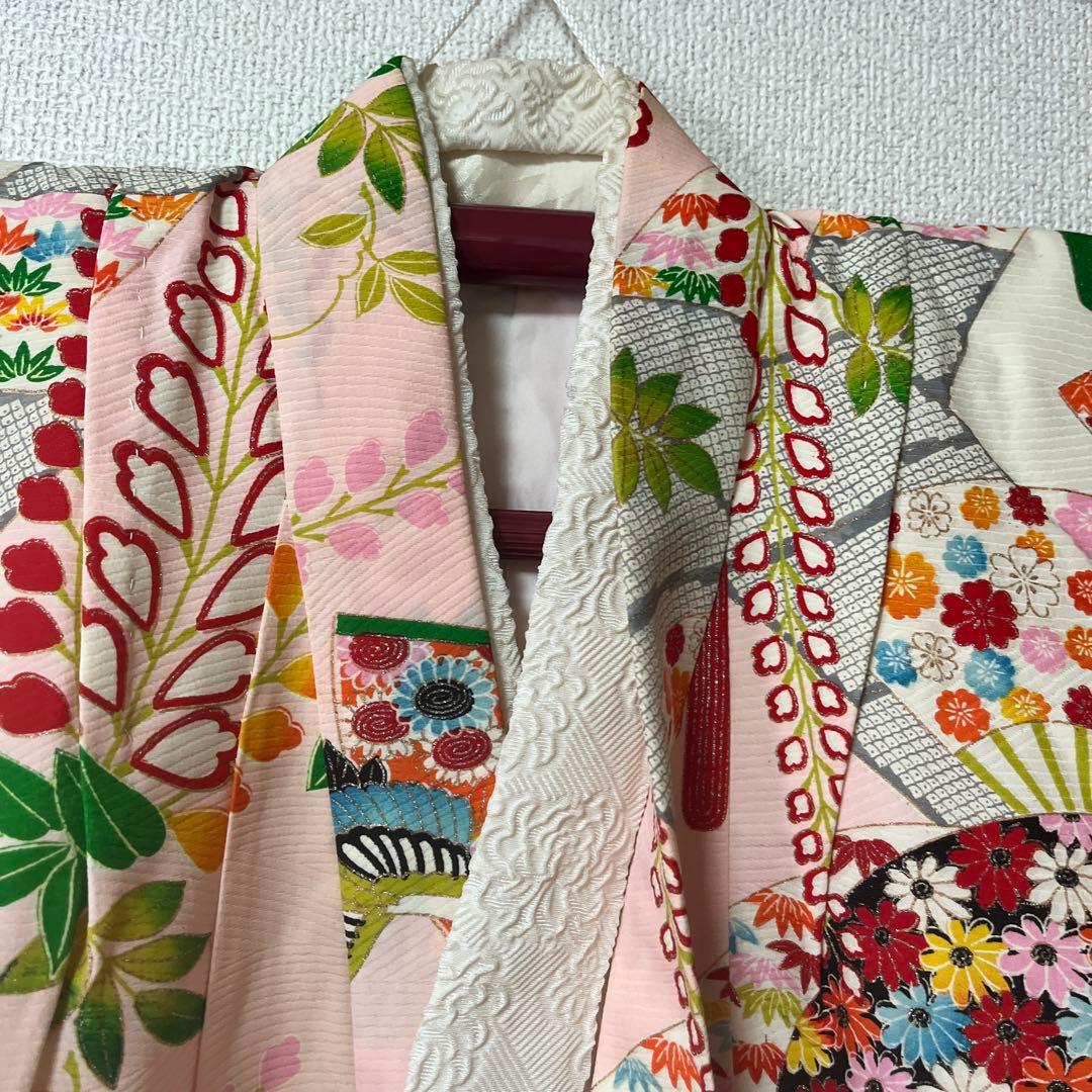 七五三　7歳　アンティーク　白　ピンク　大正ロマン　正絹