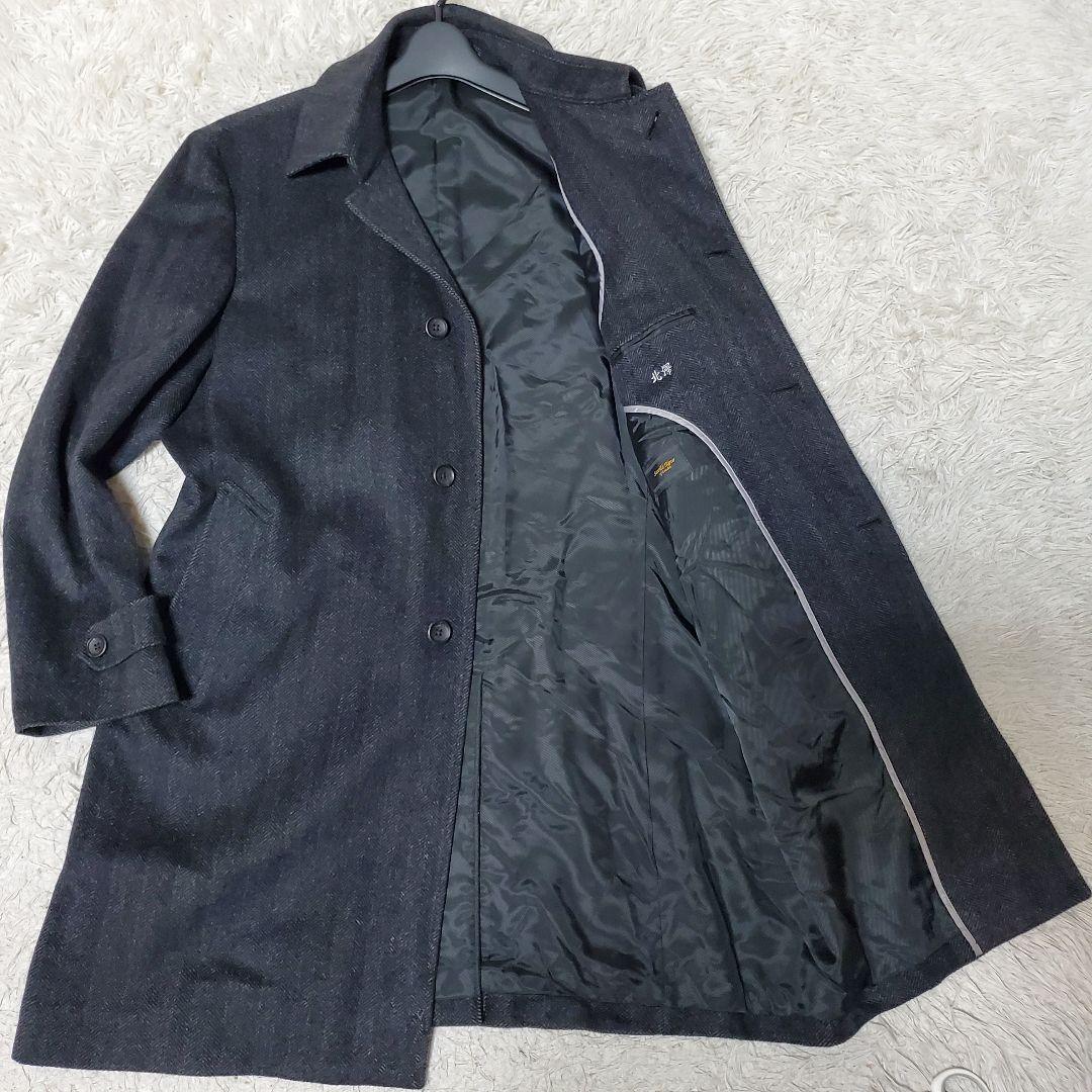 美品 サヴィルロウ カシミヤ100% ステンカラーコート ヘリンボーン L