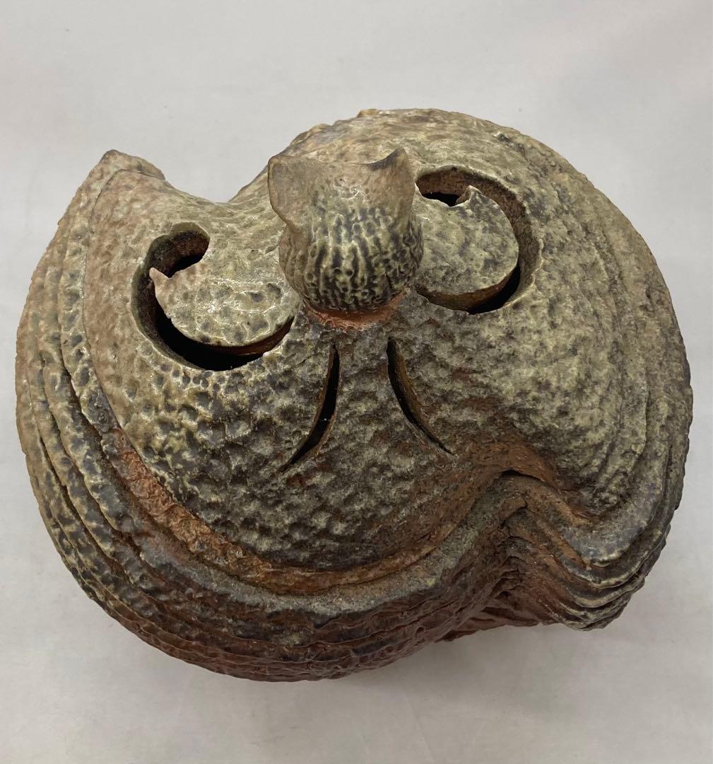 B154 山本出造「備前ブルゴーニュ土  積上香炉」 共箱　線香立付 フクロウ