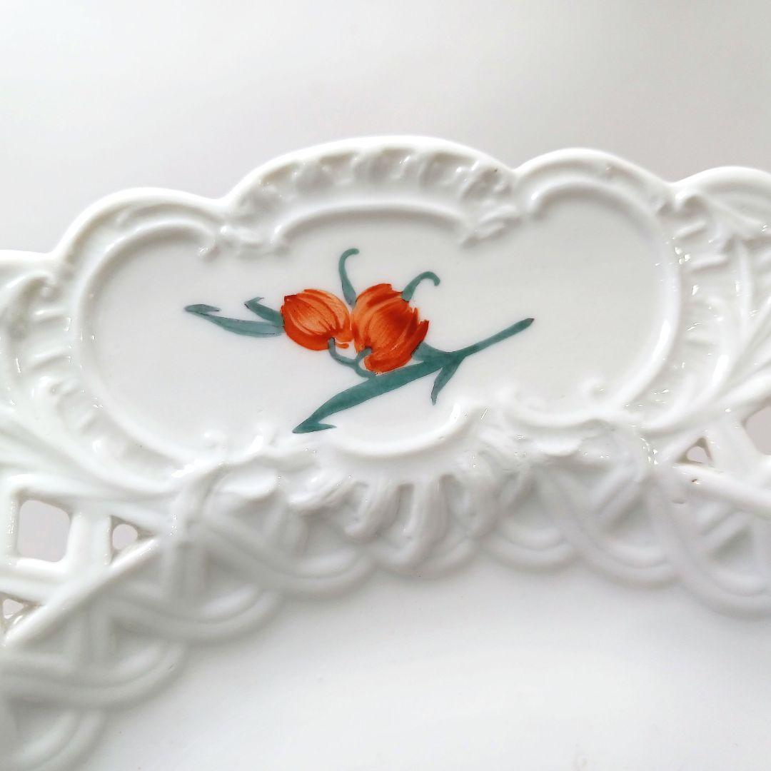 Y2436-1 アンティークマイセン フラワー 透かしプレート 直径23㎝　の