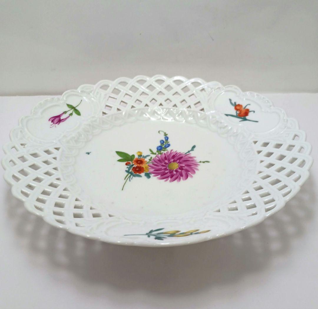 Y2436-1 アンティークマイセン フラワー 透かしプレート 直径23㎝　の