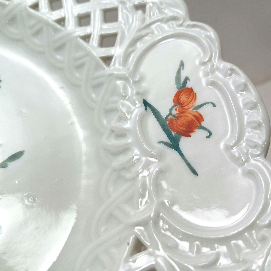 Y2436-1 アンティークマイセン フラワー 透かしプレート 直径23㎝　の