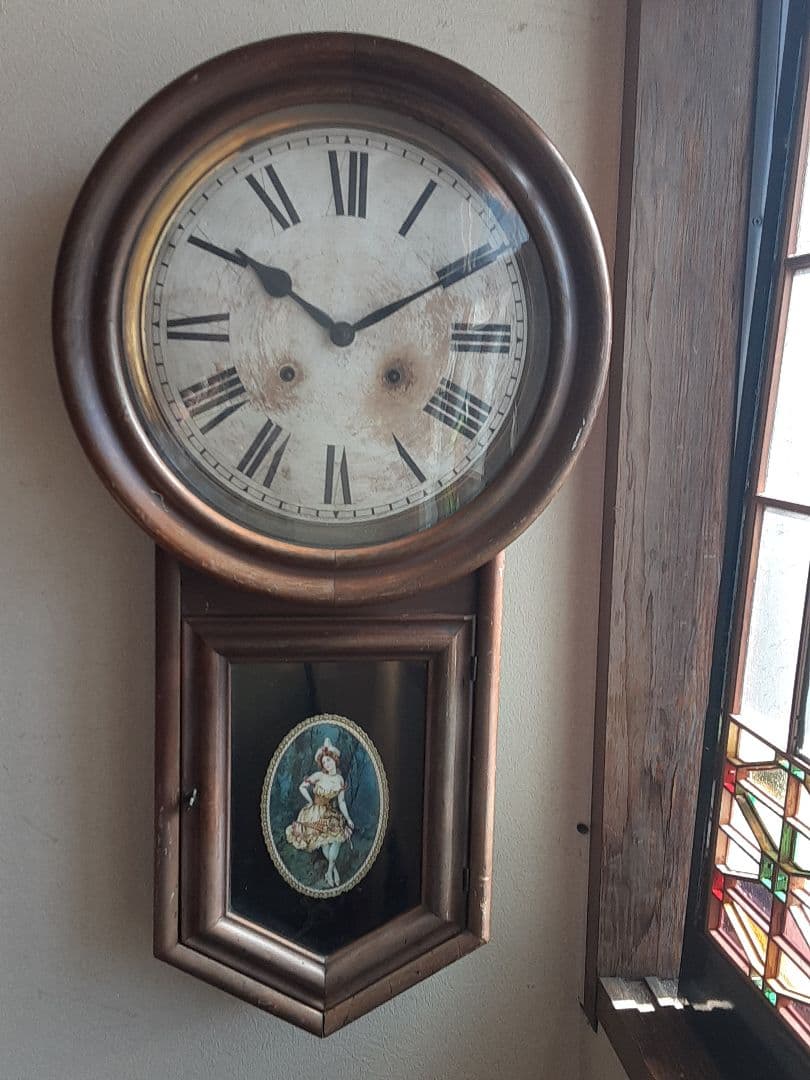 明治時代大きな柱時計、ゼンマイ式時計、調整油注入済み、完全オリジナル動作品